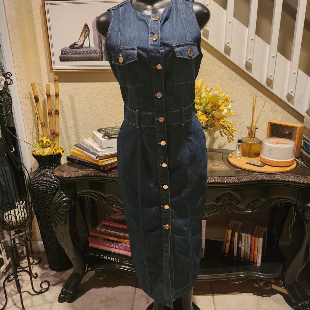 Zara dark-wash sleeveless denim midi dress size L NEW